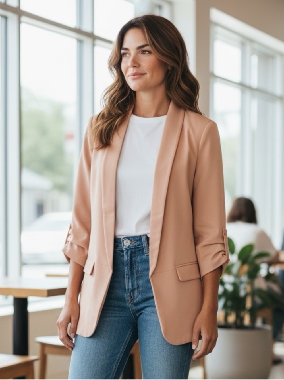 DR2 Blush colored Oversized Blazer with Ruched Sleeves L